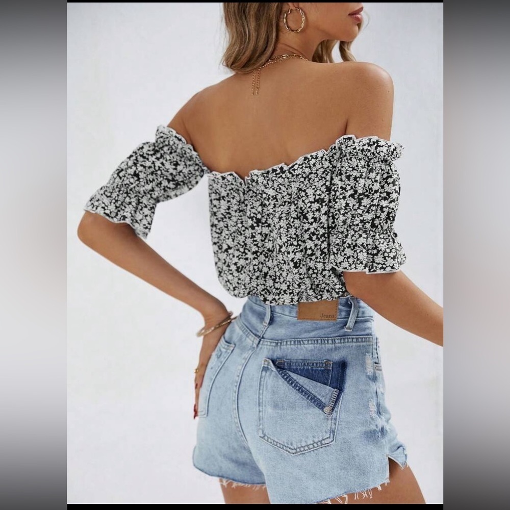 SHEIN VCAY Ditsy Floral Print Off Shoulder Frill Trim Tie Front Crop Blouse L - Picture 4 of 16